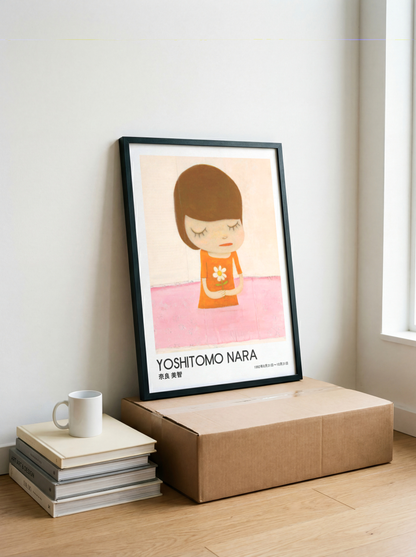 Yoshitomo Nara Girl Holding White Flower Poster, Orange Dress Pink Background, Japanese Contemporary Art Print