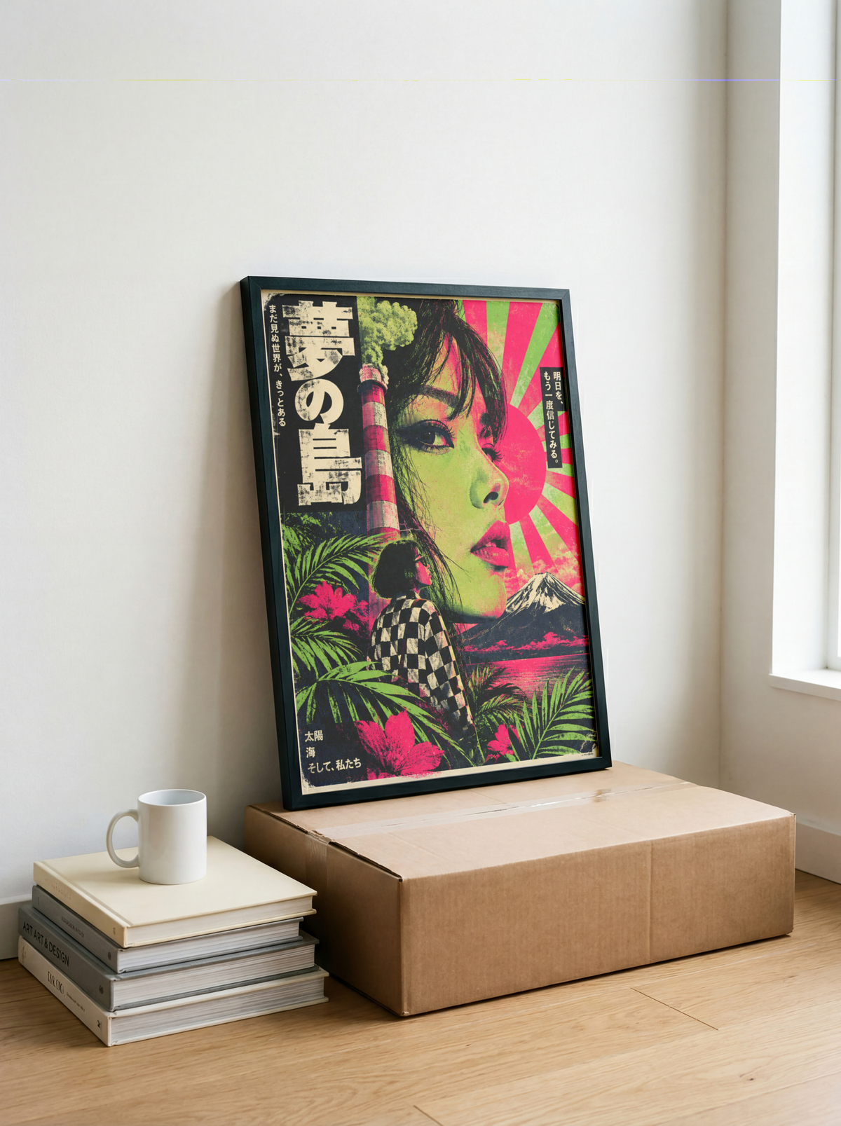 Surreal Japanese Pop Art Poster, Woman Portrait and Mount Fuji, Retro Tropical Collage