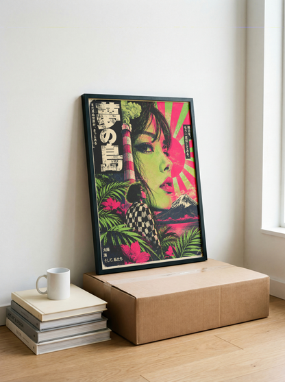 Surreal Japanese Pop Art Poster, Woman Portrait and Mount Fuji, Retro Tropical Collage