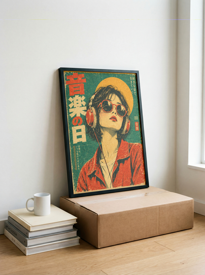 Japanese Pop Art Music Poster, Woman with Headphones and Sunglasses, Retro Portrait Wall Decor
