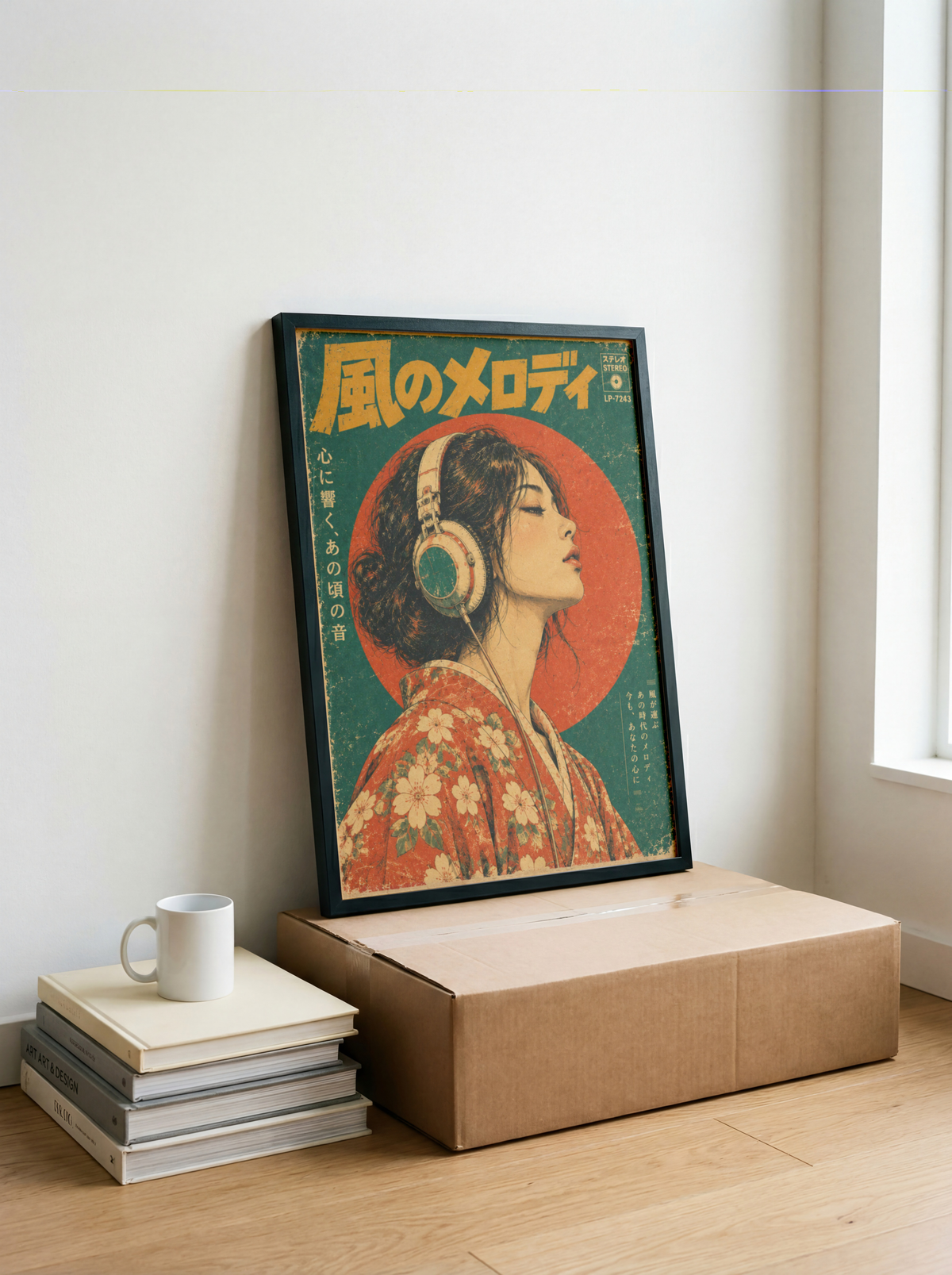 Vintage Japanese Music Poster, Woman Wearing Headphones, Retro Vinyl Era Wall Art