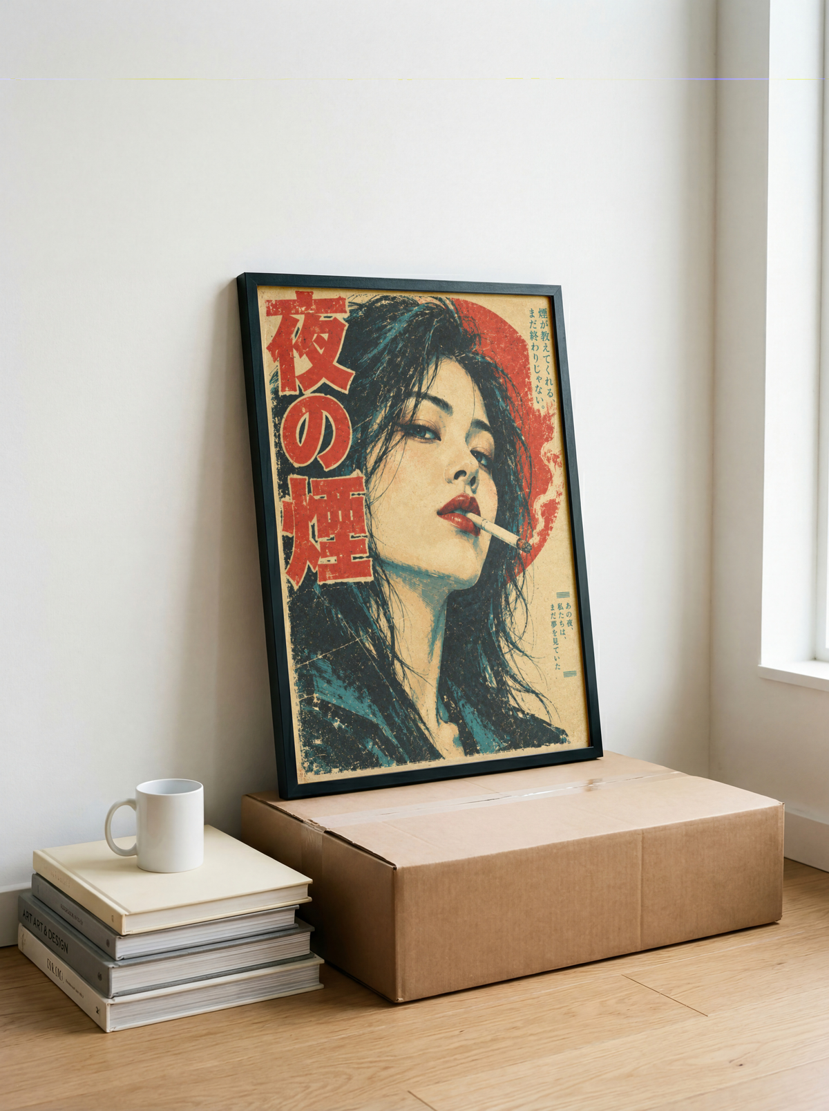 Vintage Japanese Noir Poster, Woman Smoking at Night, Retro Cinematic Portrait Wall Art