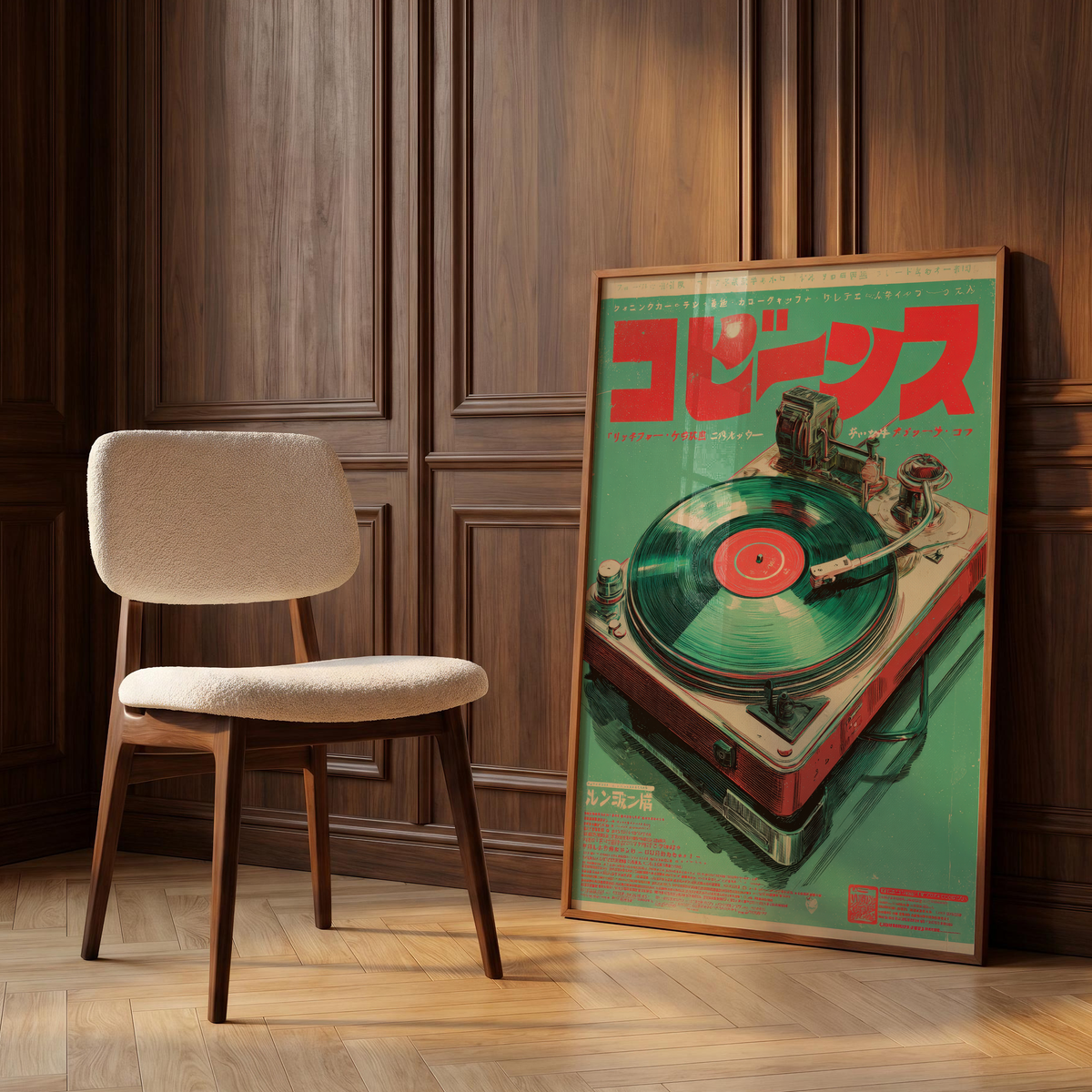 Electric Retro Vinyl Turntable Spinning a Record in a Bold Green and Red Japanese Poster Design