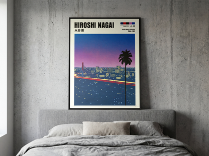 Hiroshi Nagai Pacific Breeze Poster, Tokyo Night Bridge, Palm Tree, Pink Sunset, Japanese Cityscape, Retro City Pop Wall Art