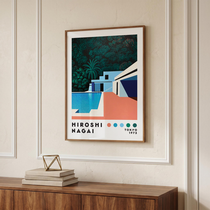 Hiroshi Nagai Pacific Breeze Poster, Mid Century Modern Pool Art, Japanese Retro Villa Print, Tropical Architecture Wall Decor
