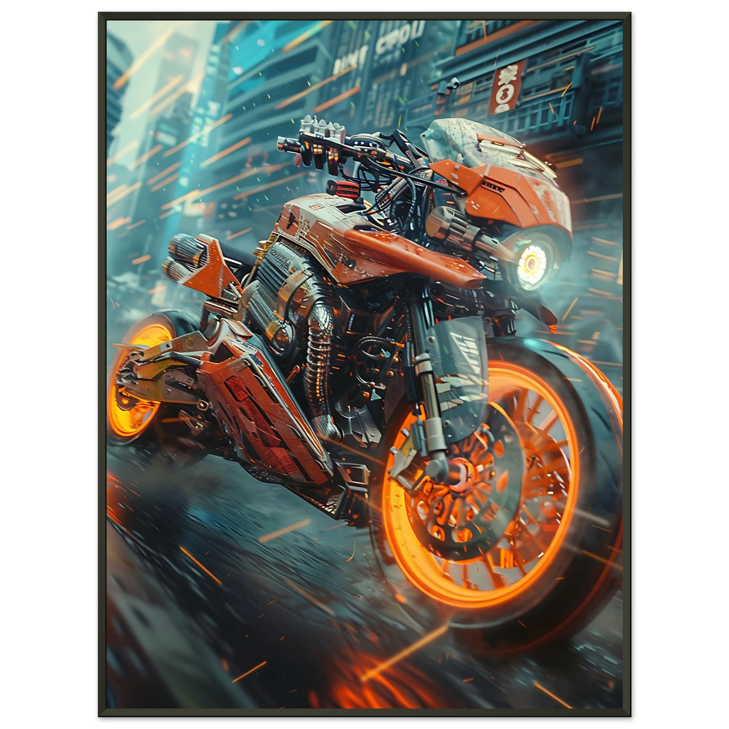 🏍️🏁🔧 Moto Cyberpunk Série futuriste #️⃣10  - (Affiche encadrée métal) - Aura Studio Déco