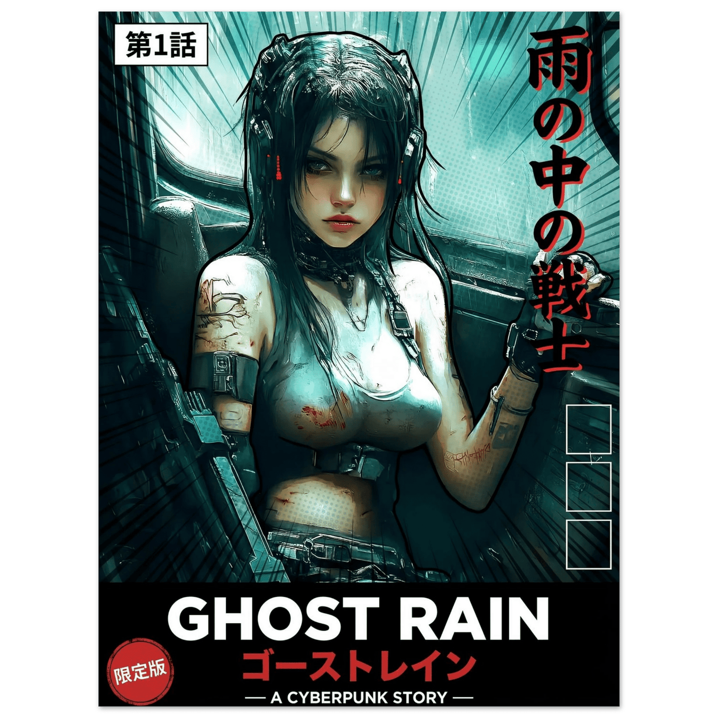 ☣️🧬 Série limitée Art Cyberpunk - Poster Cybergirl Ghost Rain - Aura Studio Déco