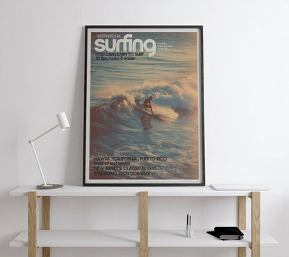 Affiche Surf Sunset – Surfeur rétro lumière dorée