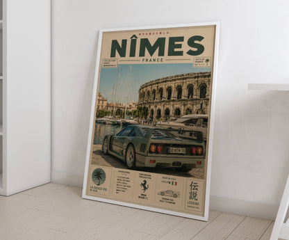 Ferrari F40 Nîmes Vintage Travel Poster – Affiche Automobile Rétro France & Supercar Iconique