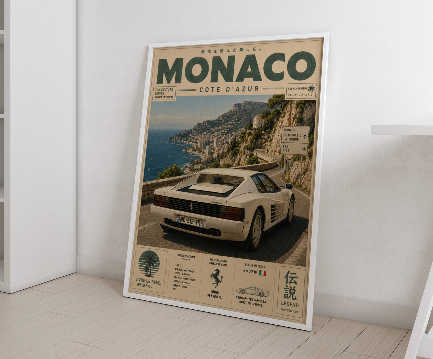 Ferrari Testarossa Monaco Riviera Poster – Affiche Vintage Côte d’Azur & Supercar Italienne