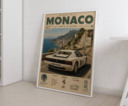 Ferrari Testarossa Monaco Riviera Poster – Affiche Vintage Côte d’Azur & Supercar Italienne