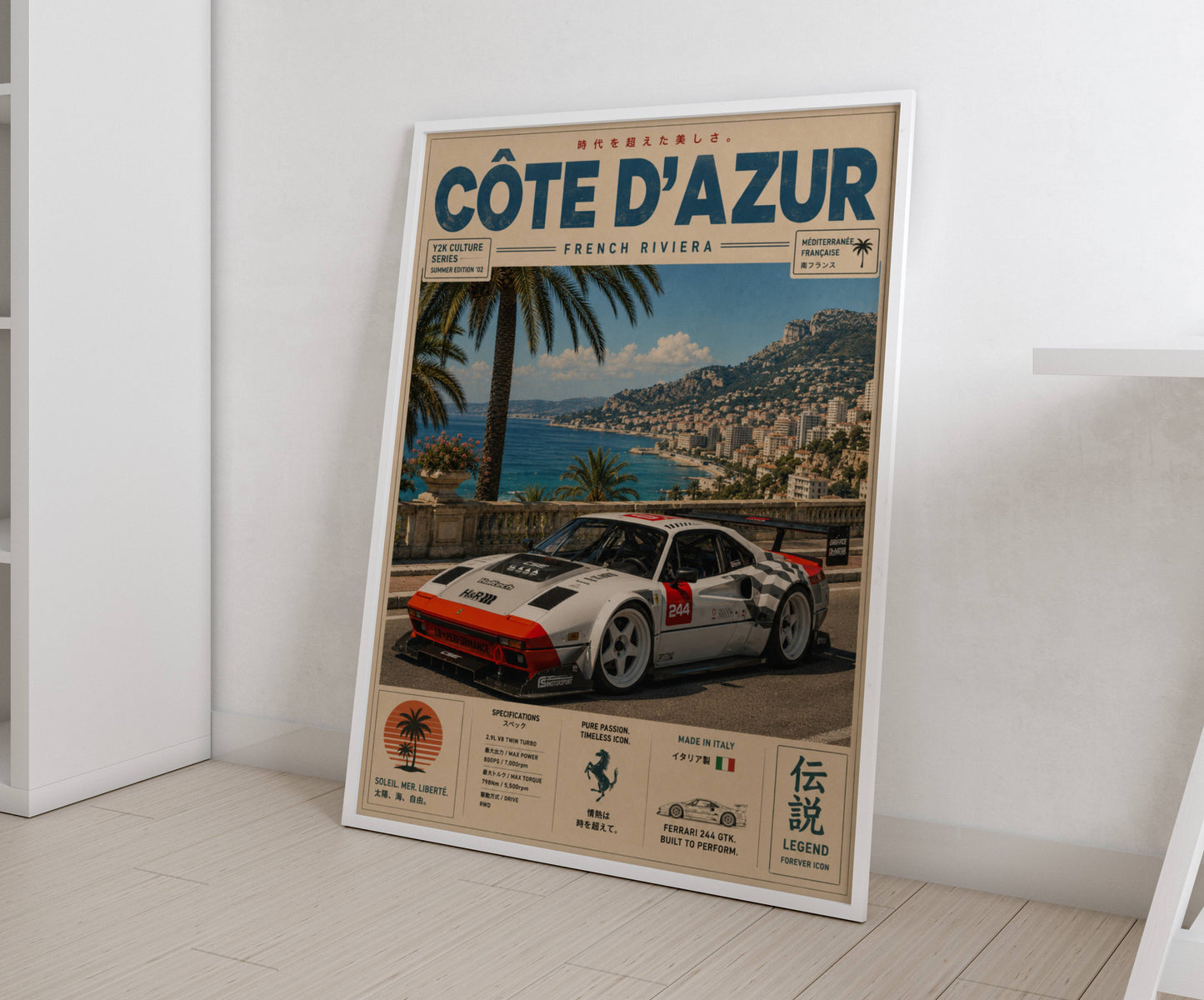 Ferrari 244 GTK Côte d’Azur Poster Vintage – Affiche Riviera Française & Voiture de Collection