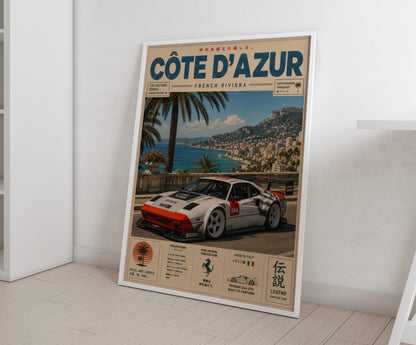 Ferrari 244 GTK Côte d’Azur Poster Vintage – Affiche Riviera Française & Voiture de Collection