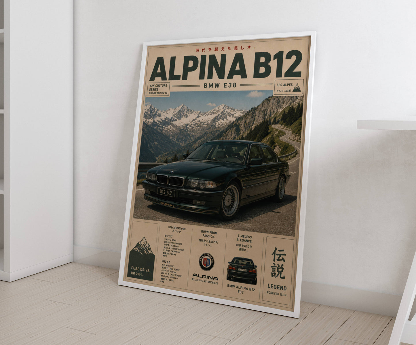 BMW Alpina B12 E38 Mountain Pass Poster – Affiche Automobile Vintage Alpes & Youngtimer de Prestige