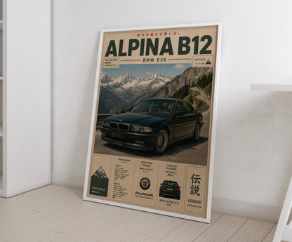 BMW Alpina B12 E38 Mountain Pass Poster – Affiche Automobile Vintage Alpes & Youngtimer de Prestige