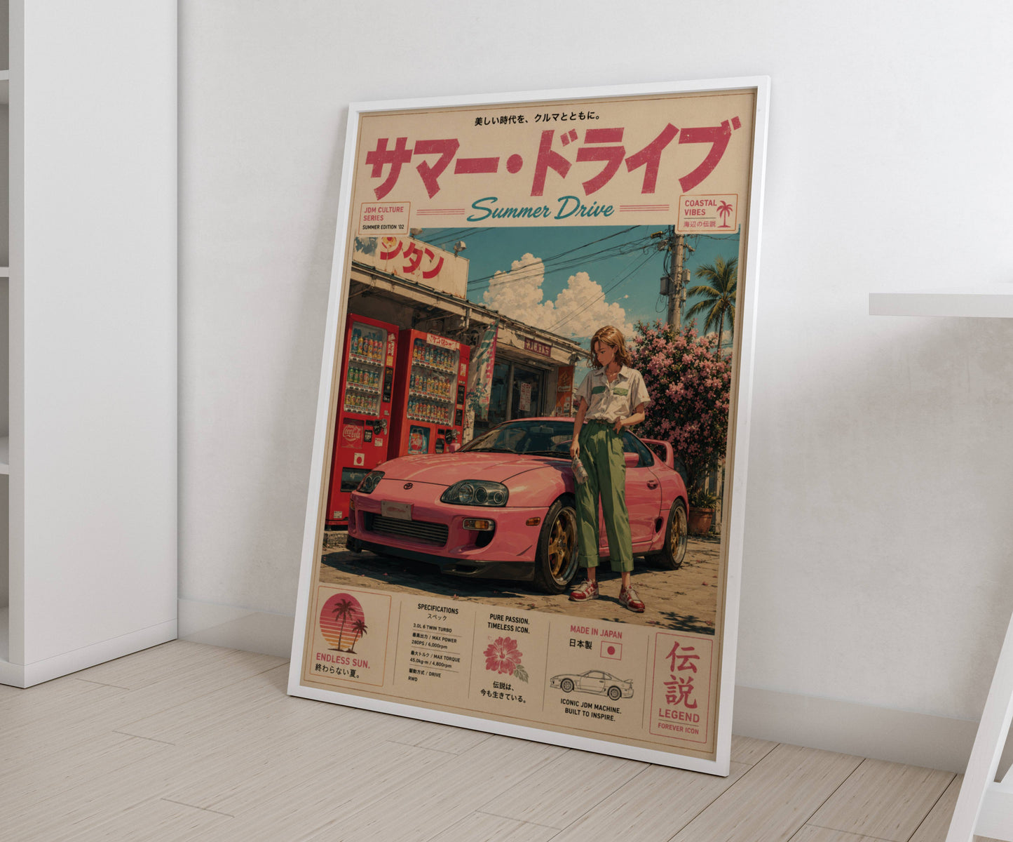 Toyota Supra MK4 Summer Drive Poster – Affiche JDM Japonaise Vintage Rose Style Y2K