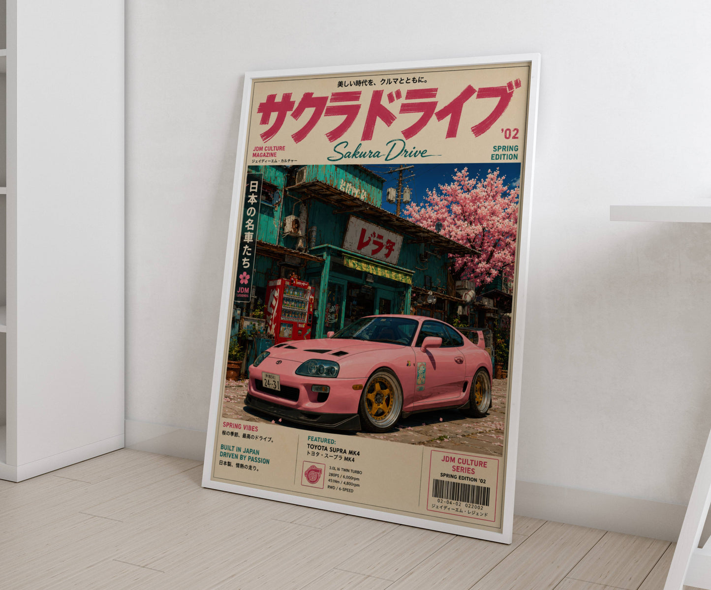 Toyota Supra MK4 Sakura Street Poster – Affiche JDM Japonaise Vintage Rose Magazine Style