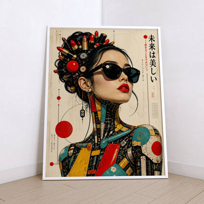Affiche Femme Cyberpunk Japonaise | Portrait Futuriste | Poster Mode Avant-Garde | Art Mural Sci-Fi | Décoration Contemporaine