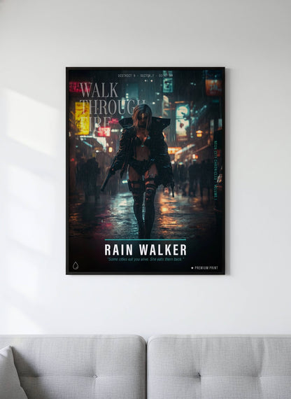 ☣️🧬 Série limitée Art Cyberpunk - Poster Cybergirl Rain Walker - Aura Studio Déco