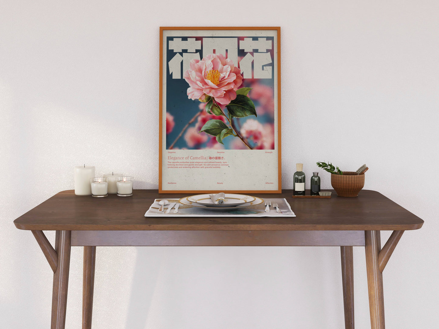 Camélia Rose Vintage – Affiche murale japonaise élégante