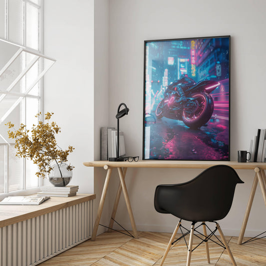 🏍️🏁🔧 Moto Cyberpunk Série futuriste #️⃣3  - (Affiche encadrée métal) - Aura Studio Déco