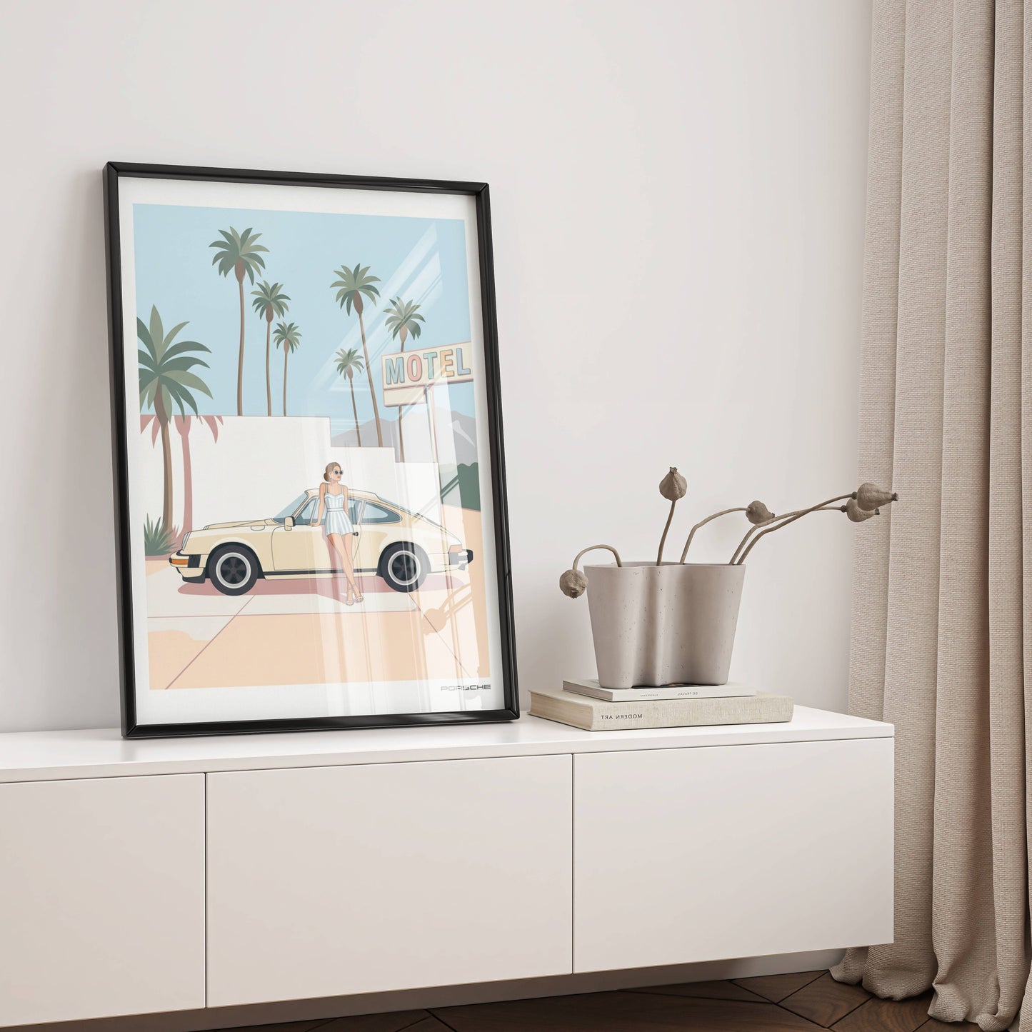 Affiche Porsche Vintage devant Motel Rétro – Californian Dream & Lifestyle Estival | Poster Automobile Chic