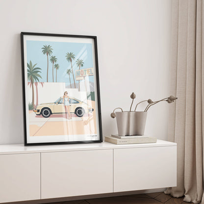 Affiche Porsche Vintage devant Motel Rétro – Californian Dream & Lifestyle Estival | Poster Automobile Chic