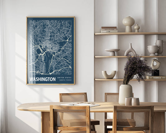 Affiche Blueprint City Map Vintage Washington – Poster Carte Urbaine Minimaliste sur Papier Mat