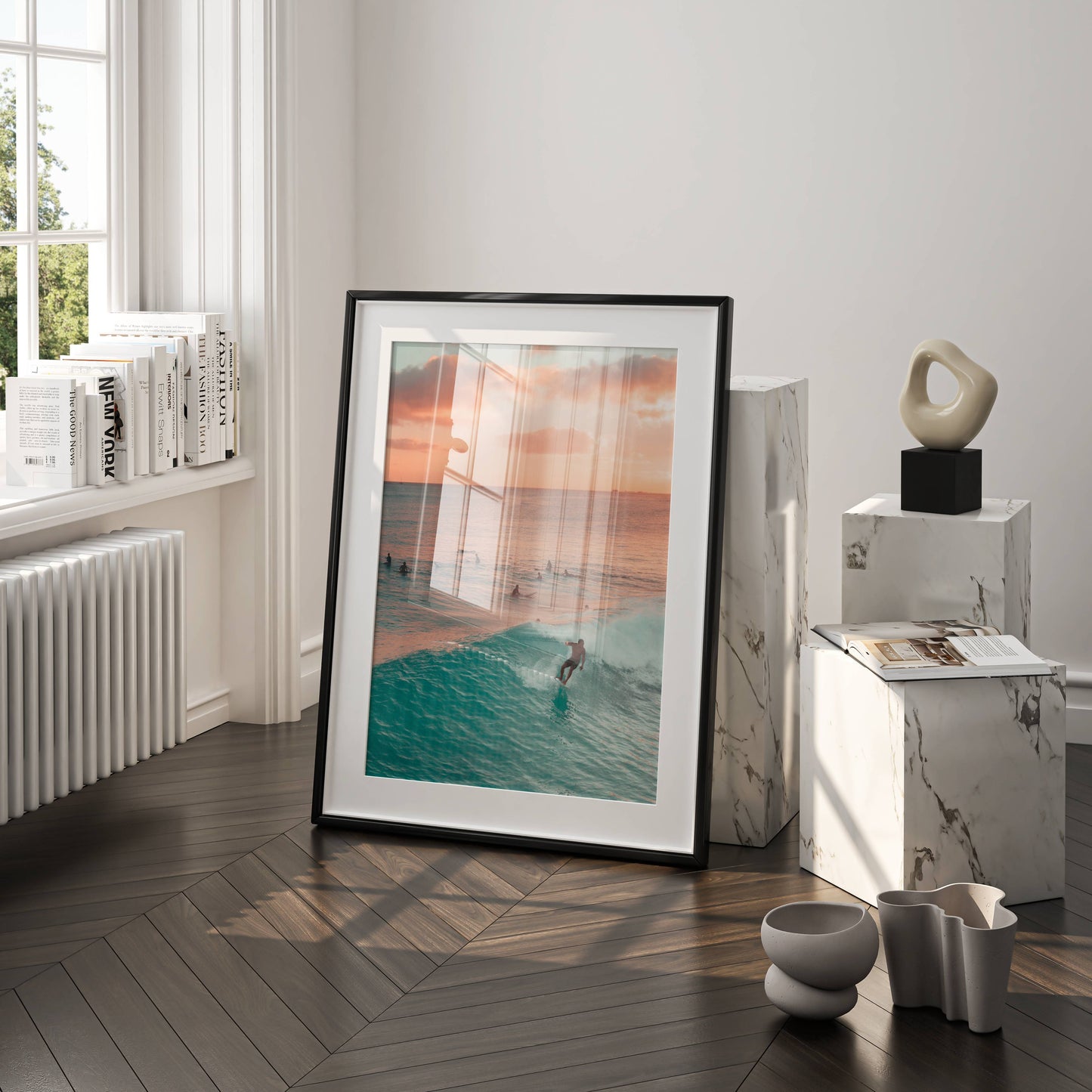 Affiche Surf au Coucher du Soleil – Vague Océanique et Horizon Doré | Poster sur Papier Mat