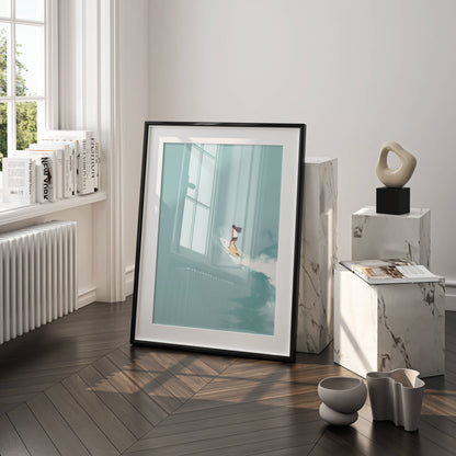 Affiche Surfeuse Minimaliste – Vague Océanique et Esprit Surf | Poster sur Papier Mat