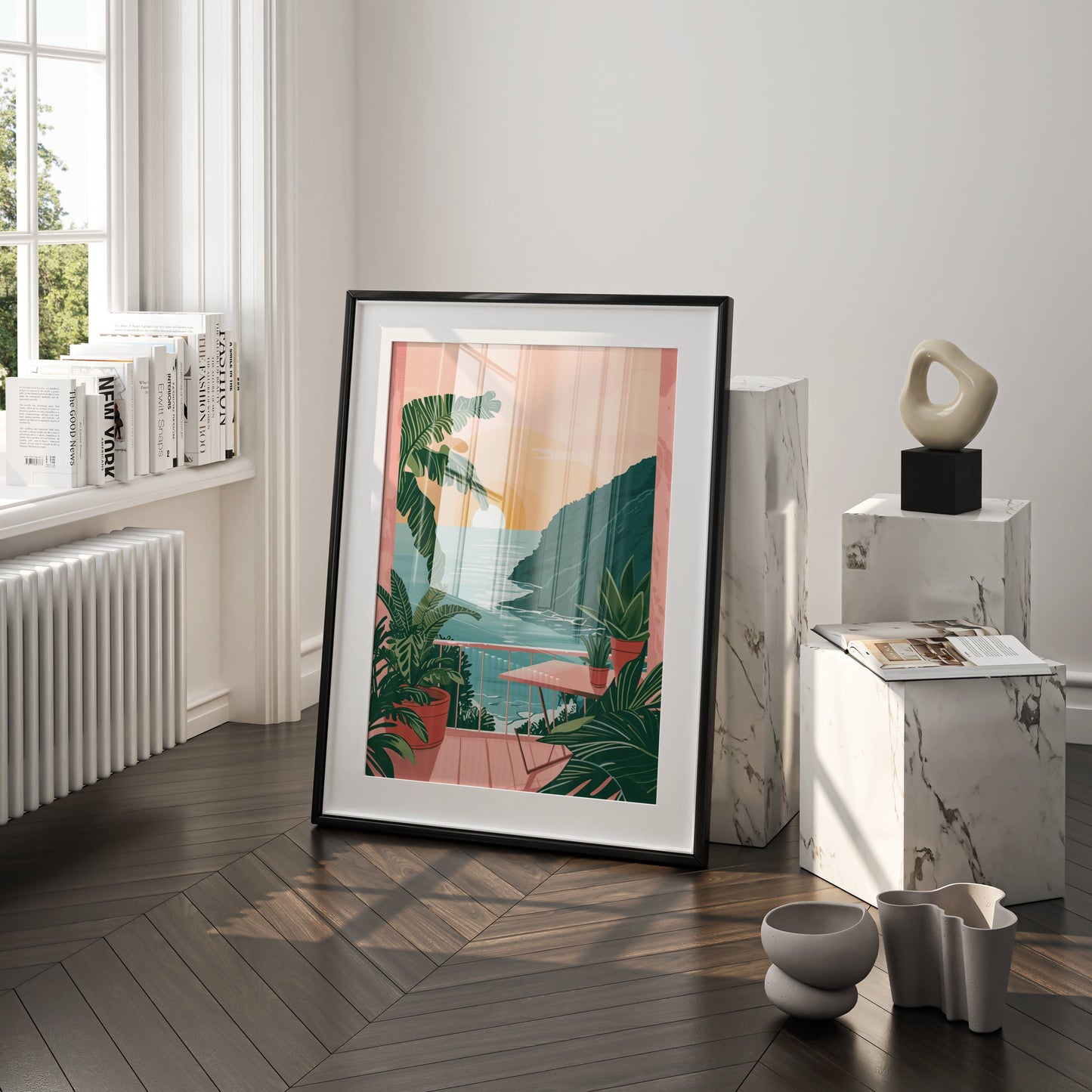 Affiche Terrasse Tropicale au Coucher du Soleil – Vue sur l’Océan et Évasion Paradisiaque | Poster sur Papier Mat