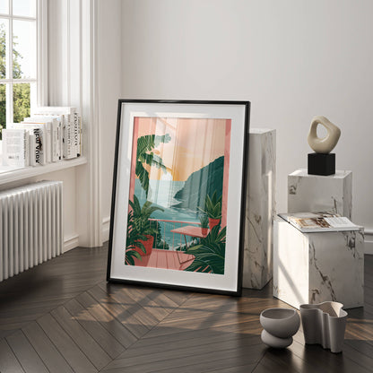 Affiche Terrasse Tropicale au Coucher du Soleil – Vue sur l’Océan et Évasion Paradisiaque | Poster sur Papier Mat
