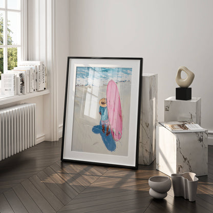 Affiche Trendy Surfeur et Planche Rose – Esprit Plage et Évasion Estivale | Poster sur Papier Mat