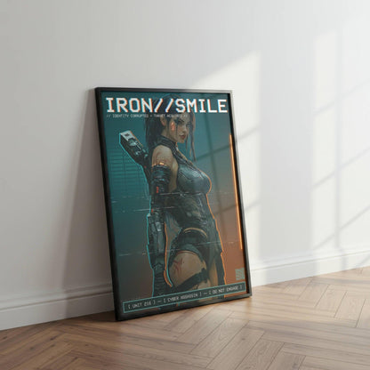 ☣️🧬 Série limitée Art Cyberpunk - Poster Cybergirl Iron Smile Neon - Aura Studio Déco