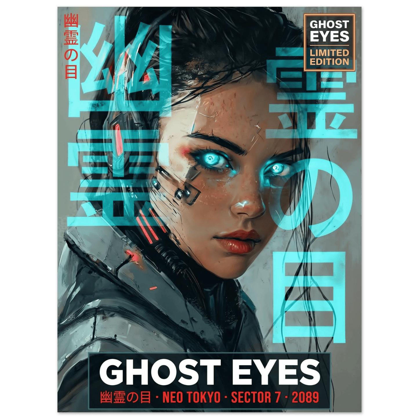 ☣️🧬 Série limitée Art Cyberpunk - Poster Cybergirl Ghost Eyes - Aura Studio Déco
