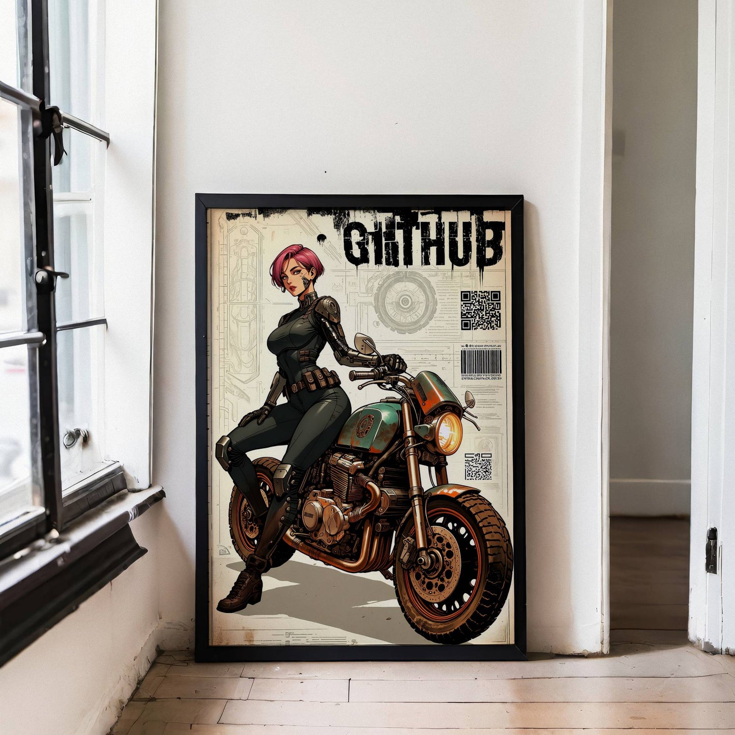 Affiche cyberpunk motarde #3 – poster sci-fi féminin