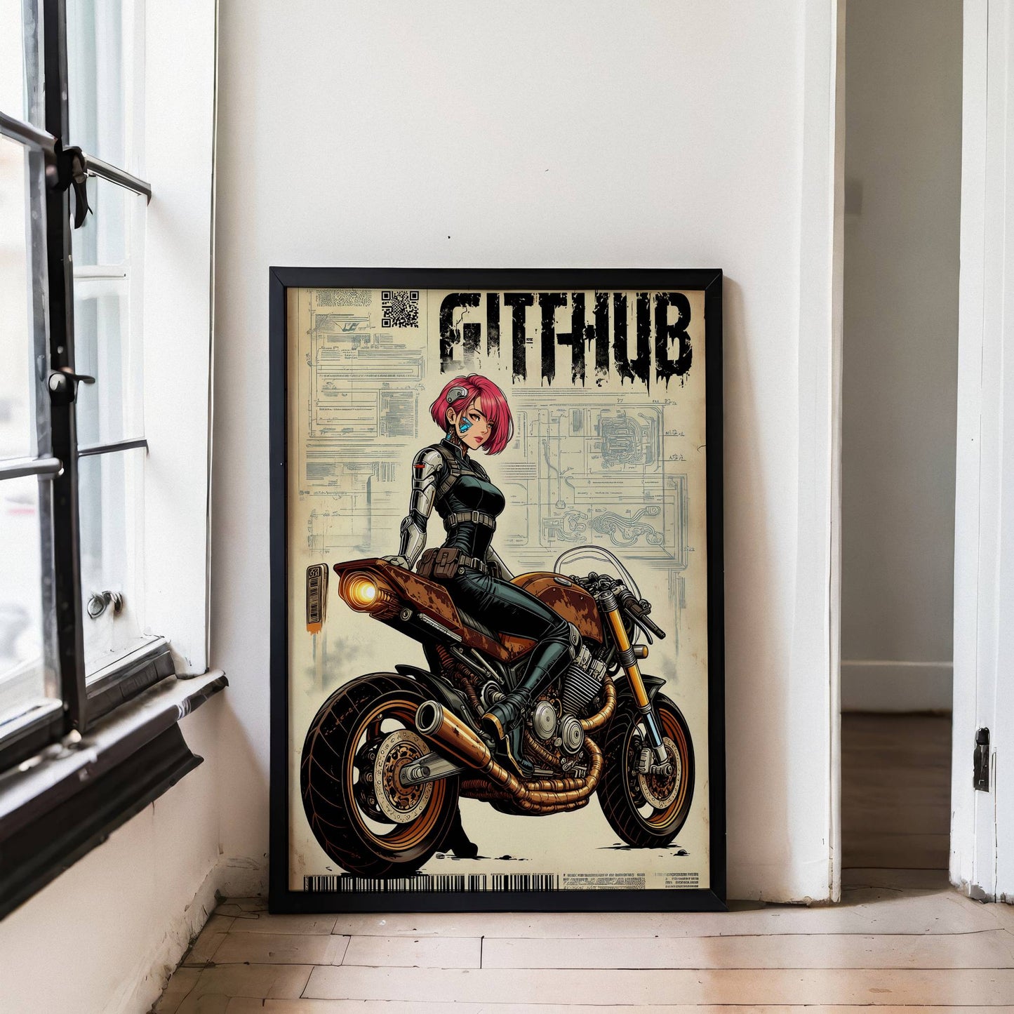 Affiche cyberpunk motarde #5 – illustration futuriste moto