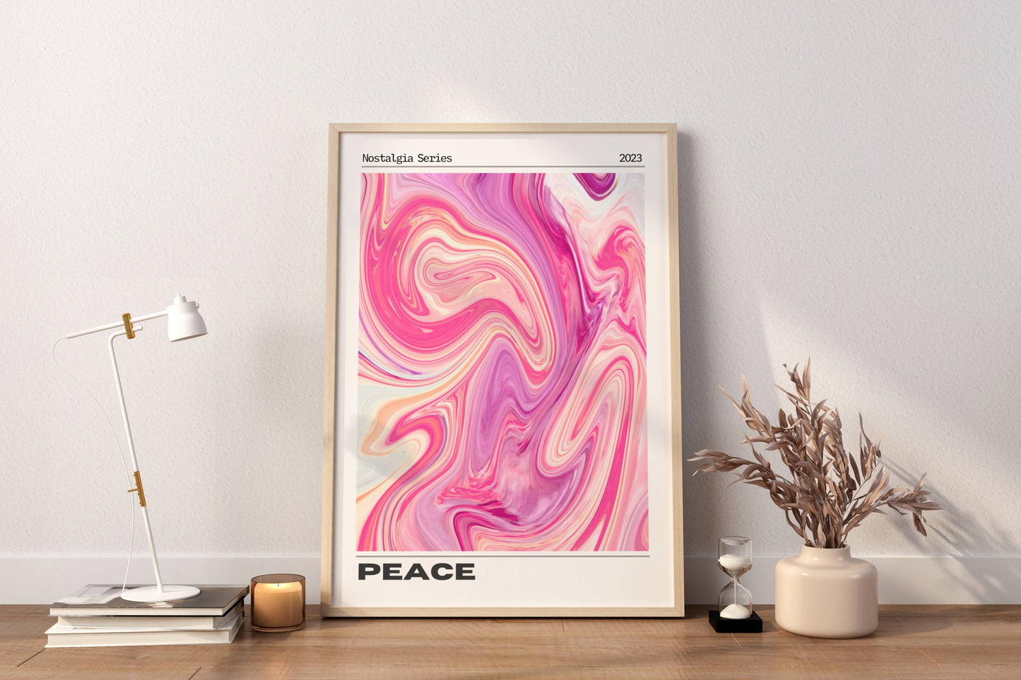 Affiche Peace Rétro Minimaliste – Art Abstrait Rose Marbré | Poster Moderne Papier Mat