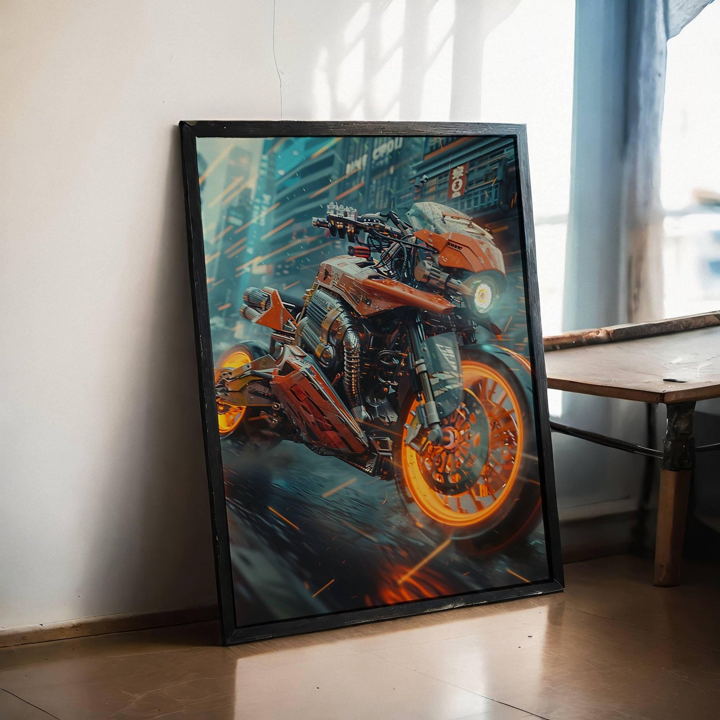 🏍️🏁🔧 Moto Cyberpunk Série futuriste #️⃣10  - (Affiche encadrée métal) - Aura Studio Déco