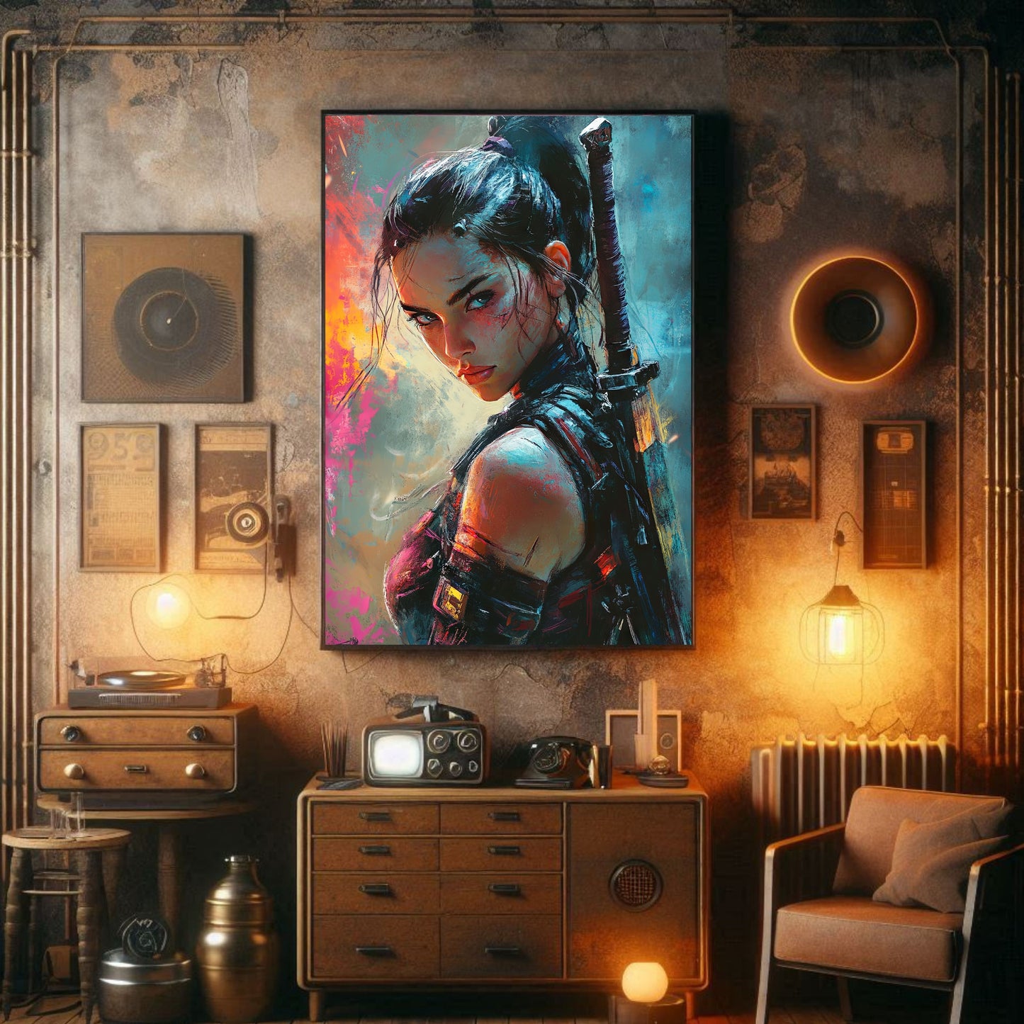 Stylized living room with Affiche Cyber Girl #39 poster of a fierce female warrior, surrounded by retro-industrial decor, exuding a moody, cyberpunk ambiance.