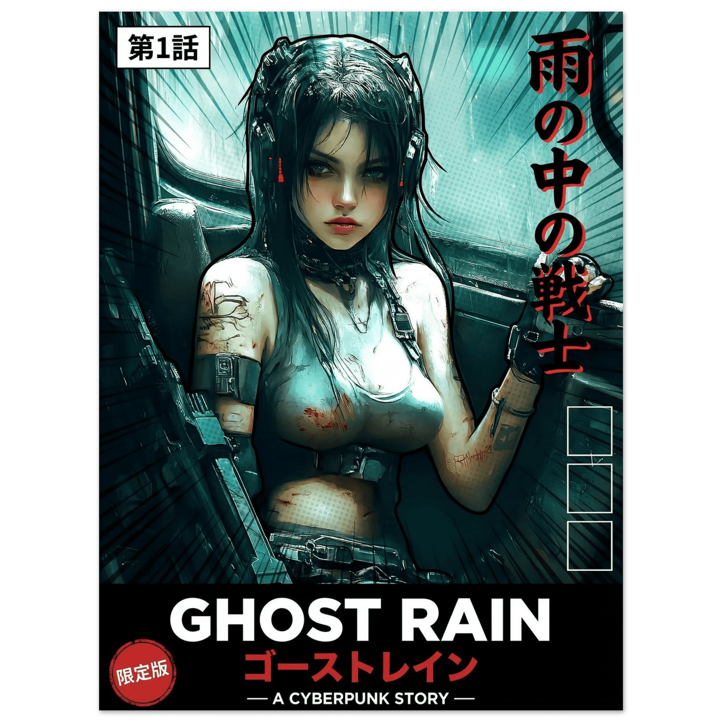 ☣️🧬 Série limitée Art Cyberpunk - Poster Cybergirl Ghost Rain - Aura Studio Déco
