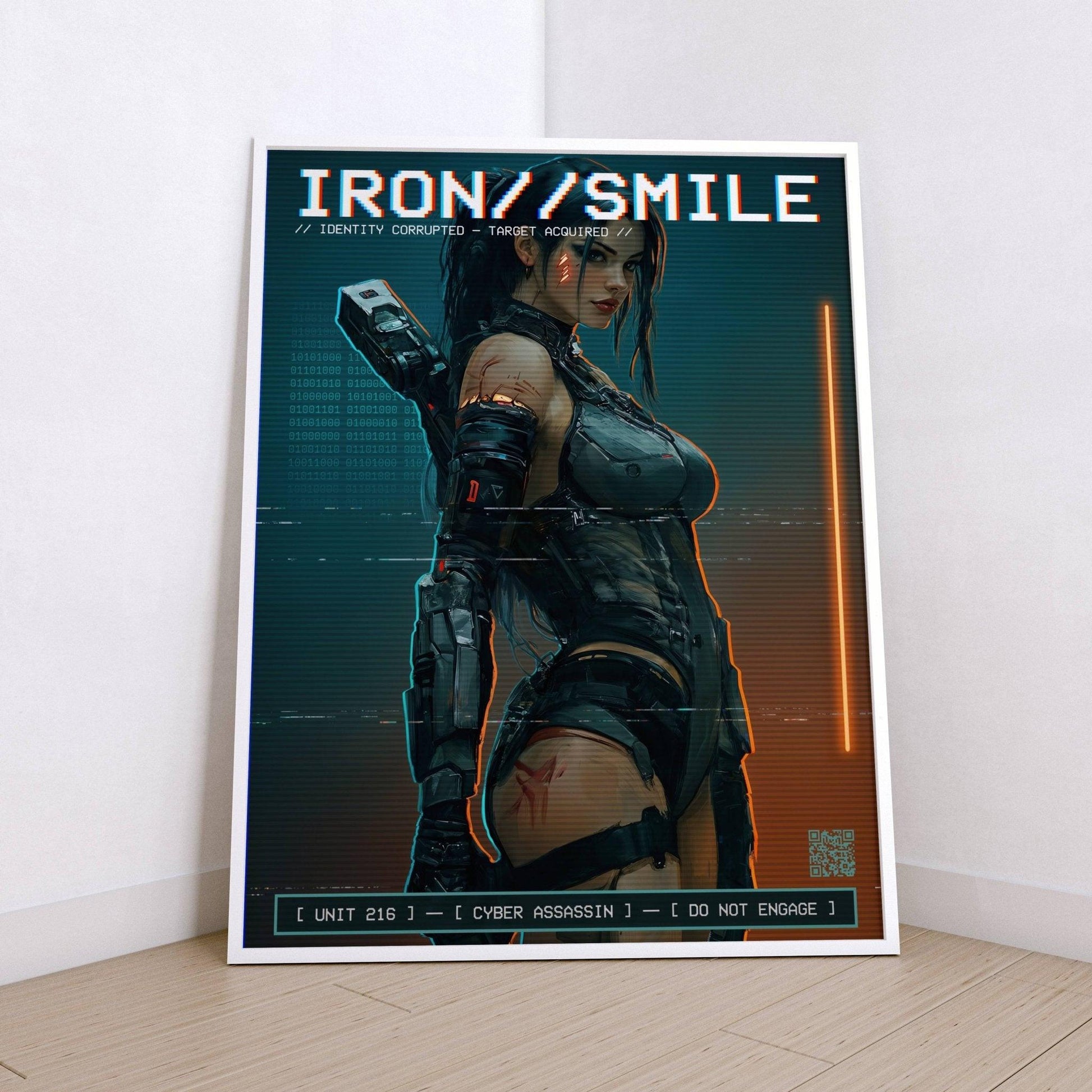 ☣️🧬 Série limitée Art Cyberpunk - Poster Cybergirl Iron Smile Neon - Aura Studio Déco