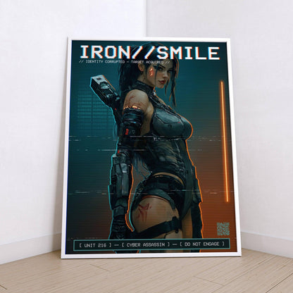 ☣️🧬 Série limitée Art Cyberpunk - Poster Cybergirl Iron Smile Neon - Aura Studio Déco