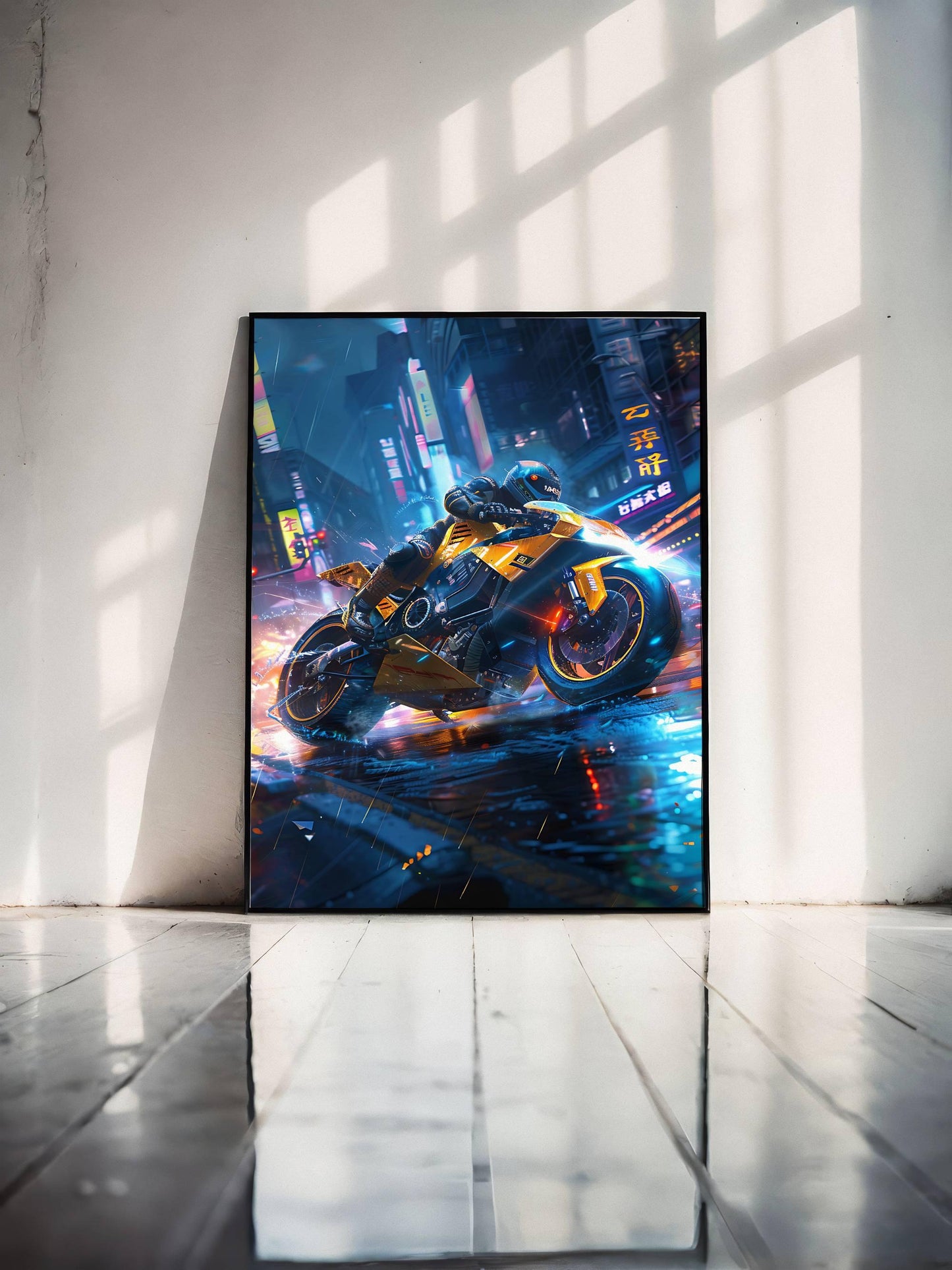 🏍️🏁🔧 Moto Cyberpunk Série futuriste #️⃣6  - (Affiche encadrée métal) - Aura Studio Déco