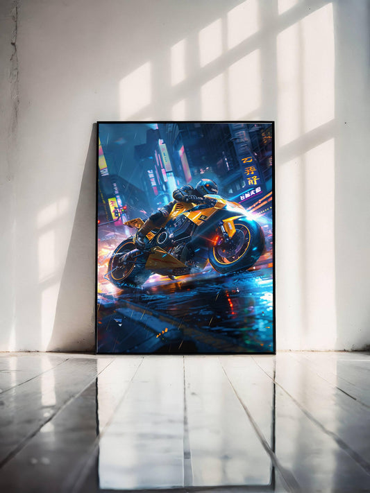 🏍️🏁🔧 Moto Cyberpunk Série futuriste #️⃣6  - (Affiche encadrée métal) - Aura Studio Déco