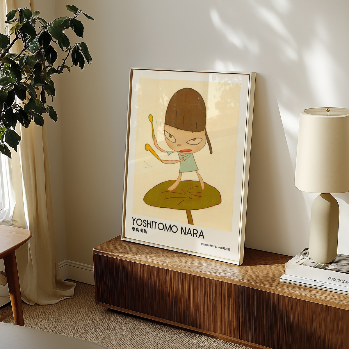 Yoshitomo Nara Girl Playing Drums Poster, Brown Hair Green Dress, Japanese Contemporary Art Print