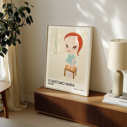 Yoshitomo Nara Red Haired Girl on Stool Poster, Japanese Contemporary Art Print, Minimalist Wall Decor, Green Eyes Artwork
