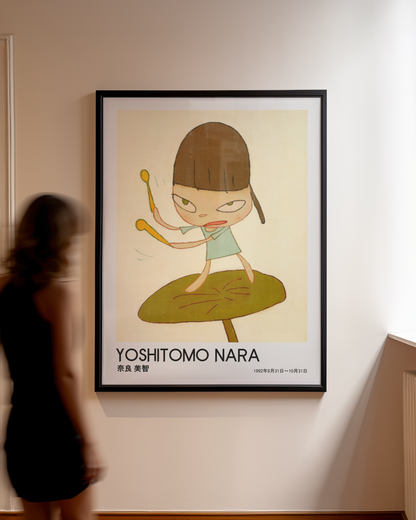 Yoshitomo Nara Girl Playing Drums Poster, Brown Hair Green Dress, Japanese Contemporary Art Print