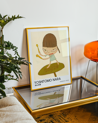 Yoshitomo Nara Girl Playing Drums Poster, Brown Hair Green Dress, Japanese Contemporary Art Print