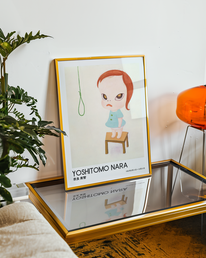 Yoshitomo Nara Red Haired Girl on Stool Poster, Japanese Contemporary Art Print, Minimalist Wall Decor, Green Eyes Artwork